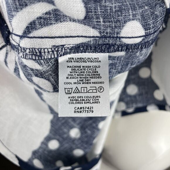 Ann Taylor Womens Petite L Blue White Pineapple Polka Dot Linen Blend Blouse - Picture 7 of 9